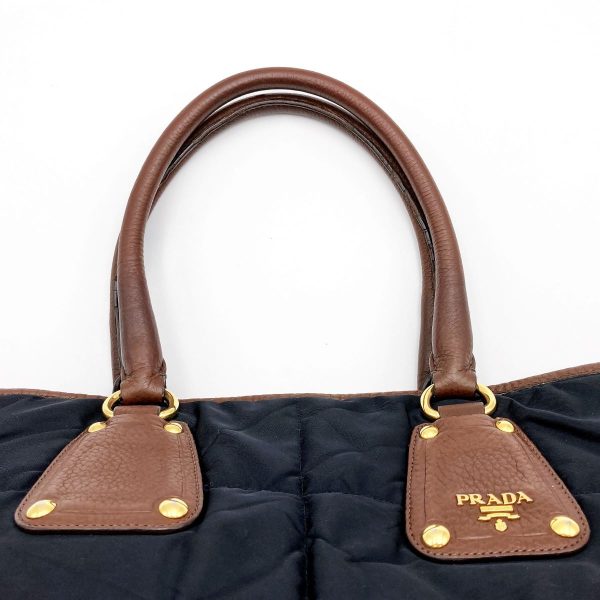 itnwy4tf001i 8 Prada Nylon Leather Tote Bag Logo Black Brown