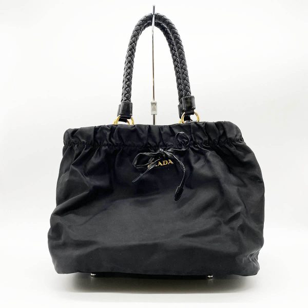 itrsyuarn8n6 1 Prada Nylon Leather Handbag with Ribbon Braided Handle Black Gold Hardware