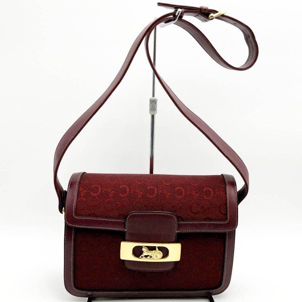 itw1z2hwzl55 1 Celine Carriage Hardware Saluki Shoulder Bag Diagonal Bag Red Bordeaux Gold Canvas Leather