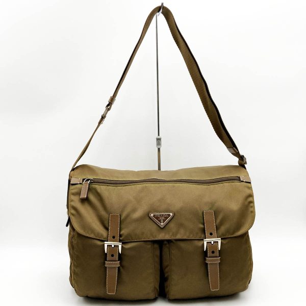 itw37lrf32je 1 Prada Nylon Leather Messenger Shoulder Bag Khaki