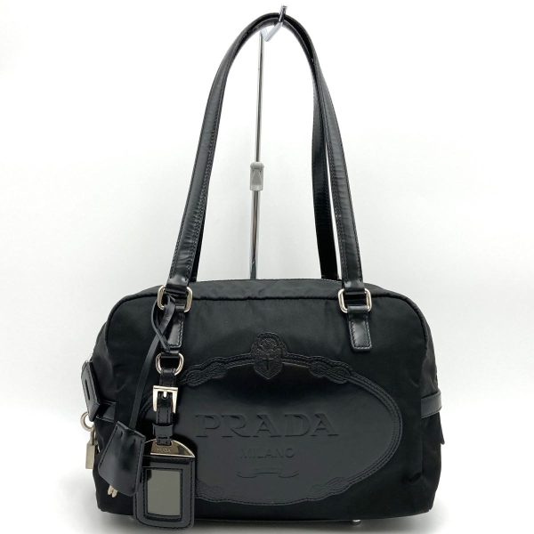 itw8qud44apg 1 Prada Nylon Leather Shoulder Tote Bag Black