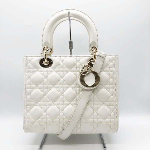 itypxldu0wsu 1 Christian Dior Lady Dior Medium Cannage Shoulder 2way Handbag Lambskin Leather White