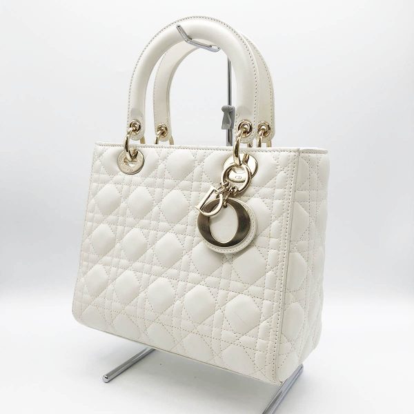 itypxldu0wsu 3 Christian Dior Lady Dior Medium Cannage Shoulder 2way Handbag Lambskin Leather White