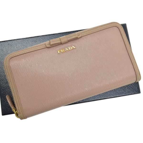 k10218a Prada Leather Metal Round Zipper Long Wallet Pink Beige