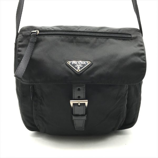 k2448 1 Prada Tessuto Nylon Logo Plate Shoulder Bag Black