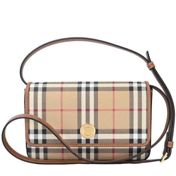 k360421 02 01 Burberry Flap Hampshire Check Leather Clutch Bag Beige