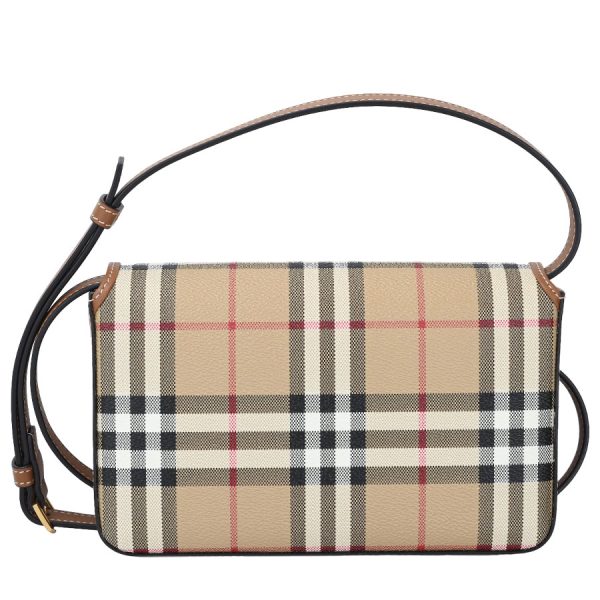 k360421 02 02 Burberry Flap Hampshire Check Leather Clutch Bag Beige