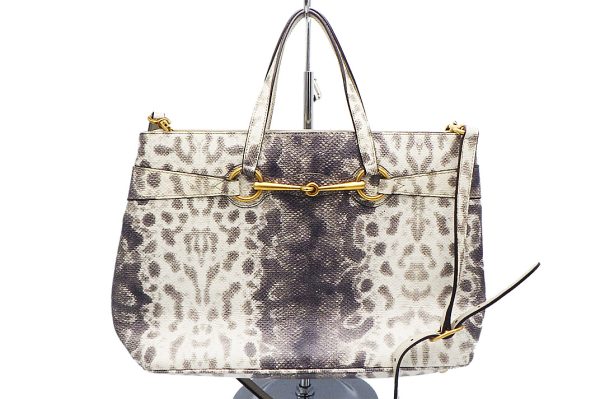 k5543 1 GUCCI Horsebit 2 Way Tote Bag Leather Python Pattern white