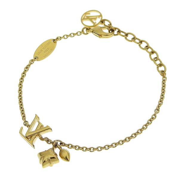 lv1398 3 Flower Motif Bracelet Initial Monogram Gold Color