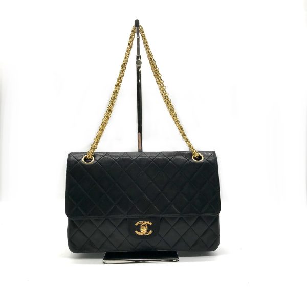 m12474 1 Chanel Matelasse Turnlock W Flap Chain Shoulder Bag Black