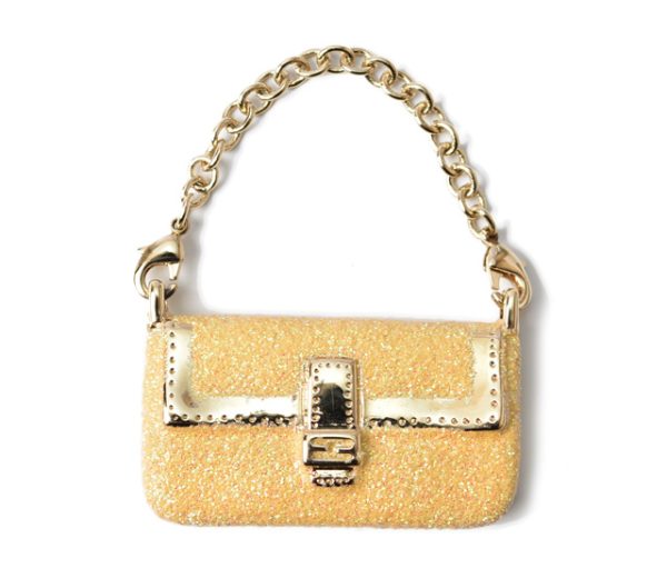 m2302 20 fe 1 Fendi Keychain Bag Charm Mamma Bucket Motif Metallic Yellow