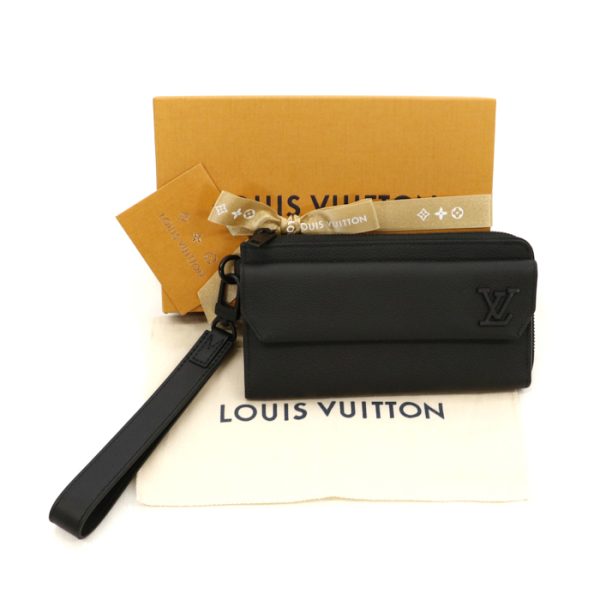 mai07514 LOUIS VUITTON Zippy Wallet Grain Leather Aerogram Long Wallet L shaped Zipper Clutch Black