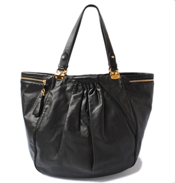 miu 17 013 1 Miu Miu Gathered Leather Shoulder Tote Bag Black