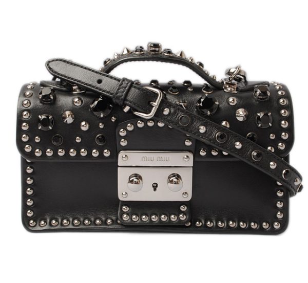 miu 17 029 1 Miu Miu Studs Rhinestones Calfskin Shoulder Handbag Black