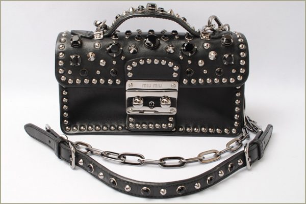 miu 17 029 3 Miu Miu Studs Rhinestones Calfskin Shoulder Handbag Black