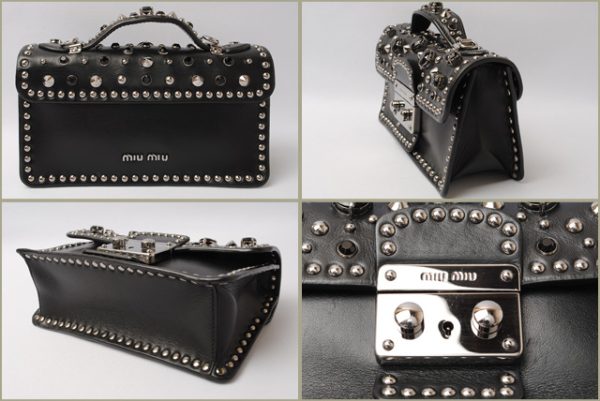 miu 17 029 6 Miu Miu Studs Rhinestones Calfskin Shoulder Handbag Black