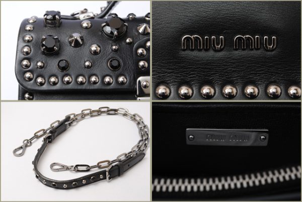 miu 17 029 7 Miu Miu Studs Rhinestones Calfskin Shoulder Handbag Black