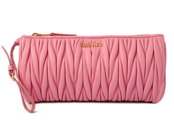 miu 17 036 1 Miu Miu Matelasse Clutch Pouch with Hand Strap Pink