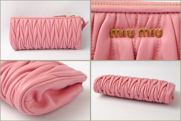 miu 17 036 3 Miu Miu Matelasse Clutch Pouch with Hand Strap Pink