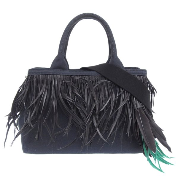 ob1254 1 Prada Canapa Goose Feather Tote Bag Canvas Navy Black