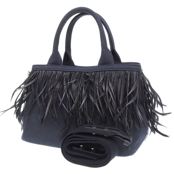 ob1254 2 Prada Canapa Goose Feather Tote Bag Canvas Navy Black