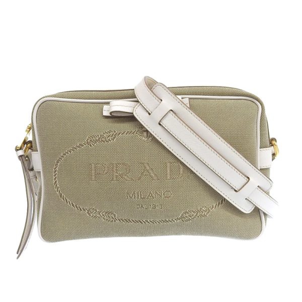 ob1538 1 Prada Canvas Leather Beige White Ribbon Shoulder Bag