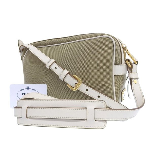 ob1538 2 Prada Canvas Leather Beige White Ribbon Shoulder Bag