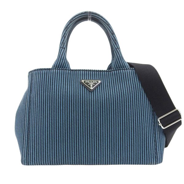 ob1731 1 Prada Kanapa Shoulder Bag Striped Canvas Blue Black