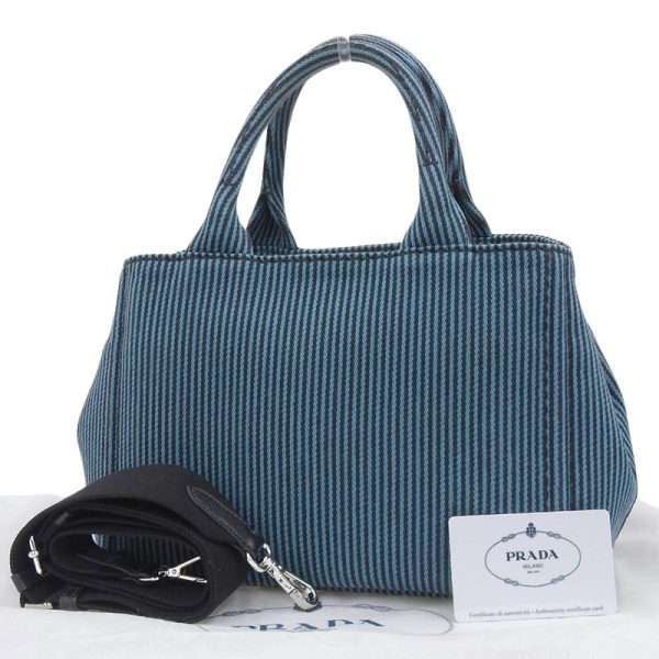 ob1731 2 Prada Kanapa Shoulder Bag Striped Canvas Blue Black