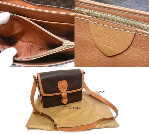 on4314 7 Celine Macadam Pattern Leather Shoulder Bag Beige