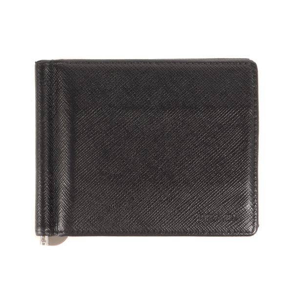 p14020419 a Prada Logo Embossed Bifold Money Clip Wallet Leather Black