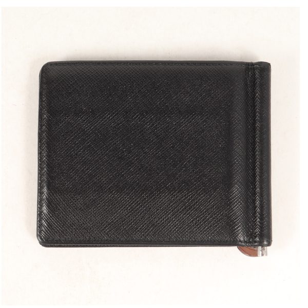 p14020419 b Prada Logo Embossed Bifold Money Clip Wallet Leather Black