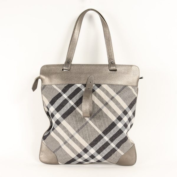 p14050001 c Burberry Glitter Check Shoulder Tote Bag Leather Gray