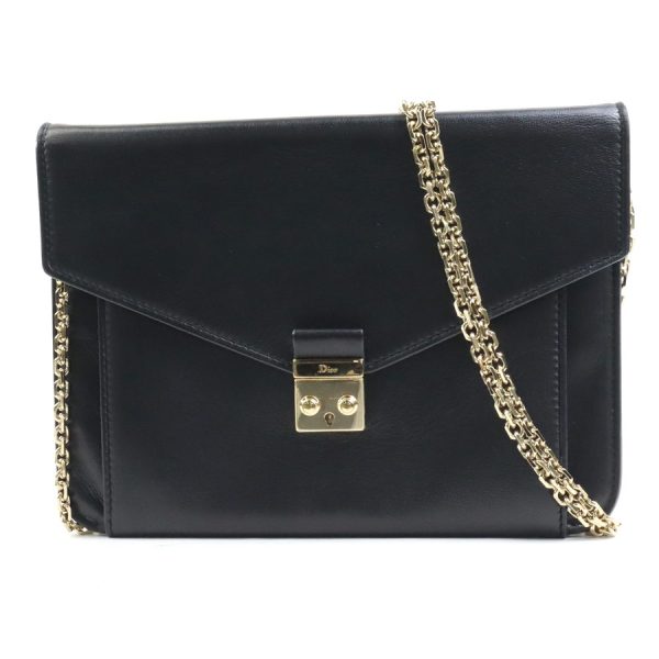 r9835f Christian Dior Chain Wallet Leather Clutch Bag Black