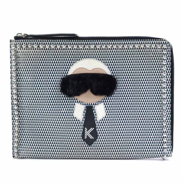 r9913f Fendi Leather Metal Fur Clutch Bag Black White Gray