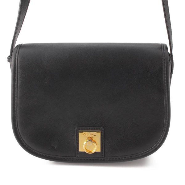 re cel sh w 00354 Celine Vintage Ring Hardware Leather Shoulder Bag Black