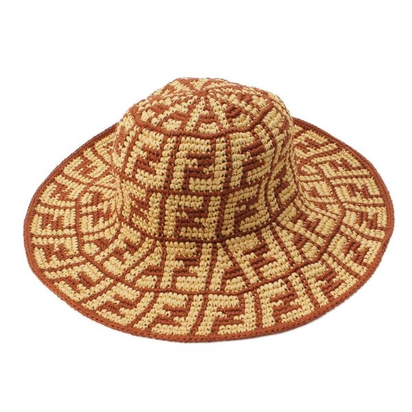 re fen du w 00009 Fendi Zucca Ff Pattern Raffia Bucket Hat Straw Hat Beige Brown