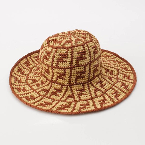 re fen du w 00009 1 Fendi Zucca Ff Pattern Raffia Bucket Hat Straw Hat Beige Brown