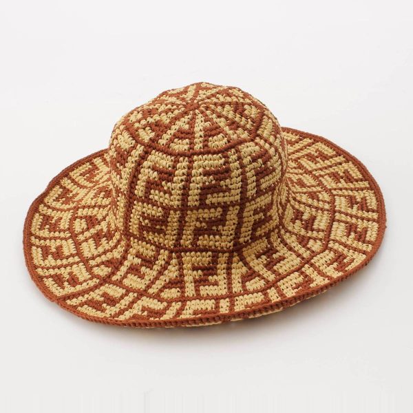 re fen du w 00009 2 Fendi Zucca Ff Pattern Raffia Bucket Hat Straw Hat Beige Brown