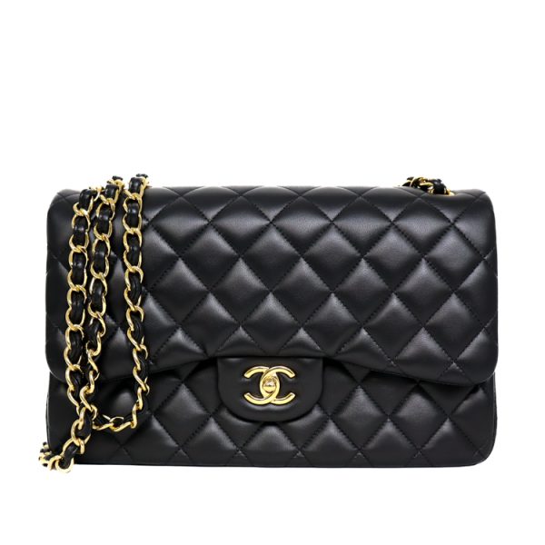 sw23 0717 01 Chanel Deca Matelasse Double Flap Lambskin Shoulder Bag Black