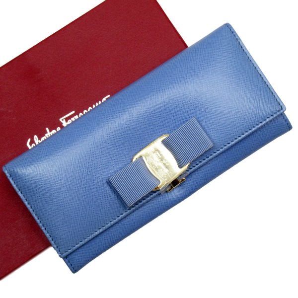 t19071a Salvatore Ferragamo Bifold Long Wallet Vara Ribbon Leather Blue