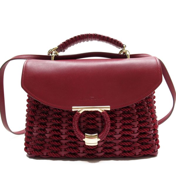 w0065a Salvatore Ferragamo Handbag Shoulder Bag Gancini Leather Satin Burgundy