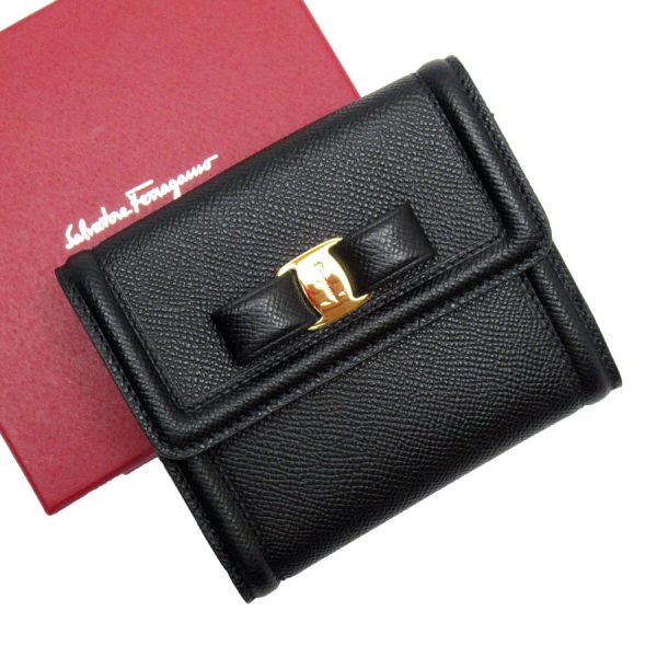 w0131g Salvatore Ferragamo Bifold Wallet Rose Ribbon Leather Black