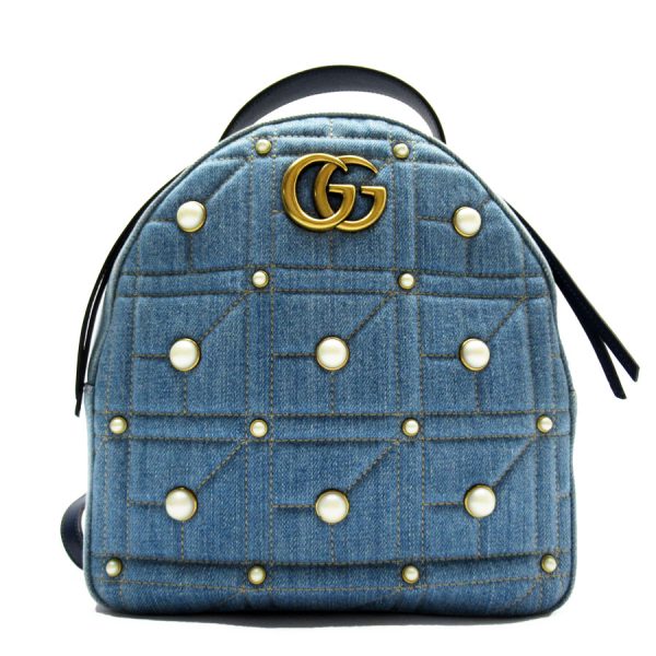 w0141j Gucci GG Marmont Denim Fake Pearl Backpack Blue