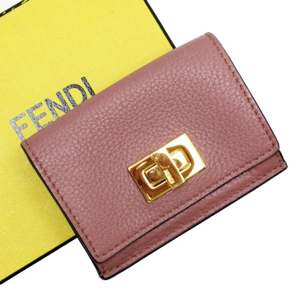 w0176a Fendi Leather Trifold Wallet Pink Greige Gold