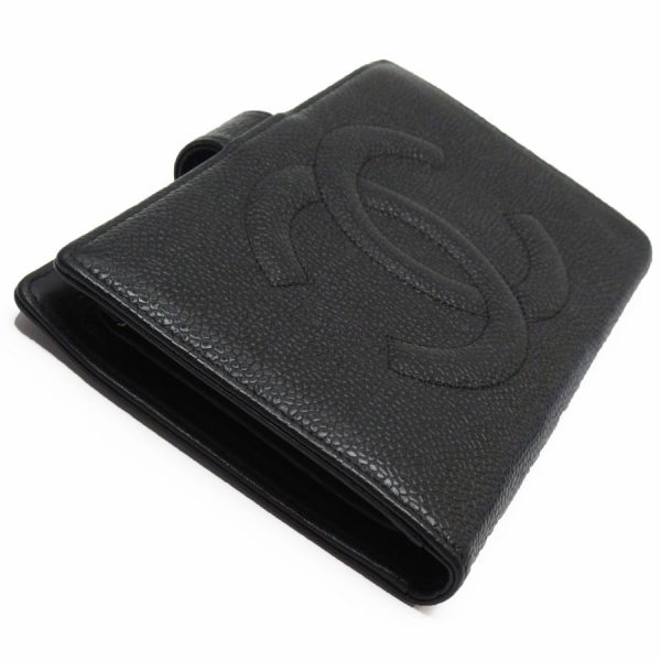 w0340g 1 Chanel Here Mark Caviar Skin Leather Bifold Wallet Black