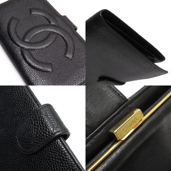 w0340g 2 c Chanel Here Mark Caviar Skin Leather Bifold Wallet Black