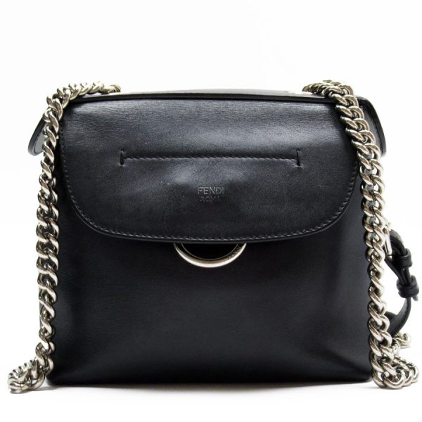 w0394a Fendi Leather Metal 2Way Crossbody Shoulder Bag Black Silver