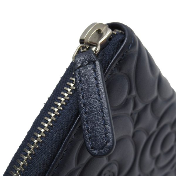 w0460j 2 Chanel Camellia Embossed Leather Round Zipper Long Wallet Navy