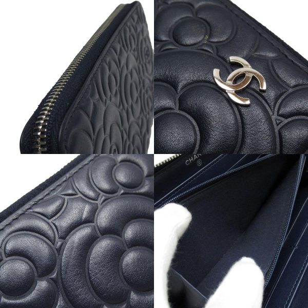 w0460j 3 c Chanel Camellia Embossed Leather Round Zipper Long Wallet Navy